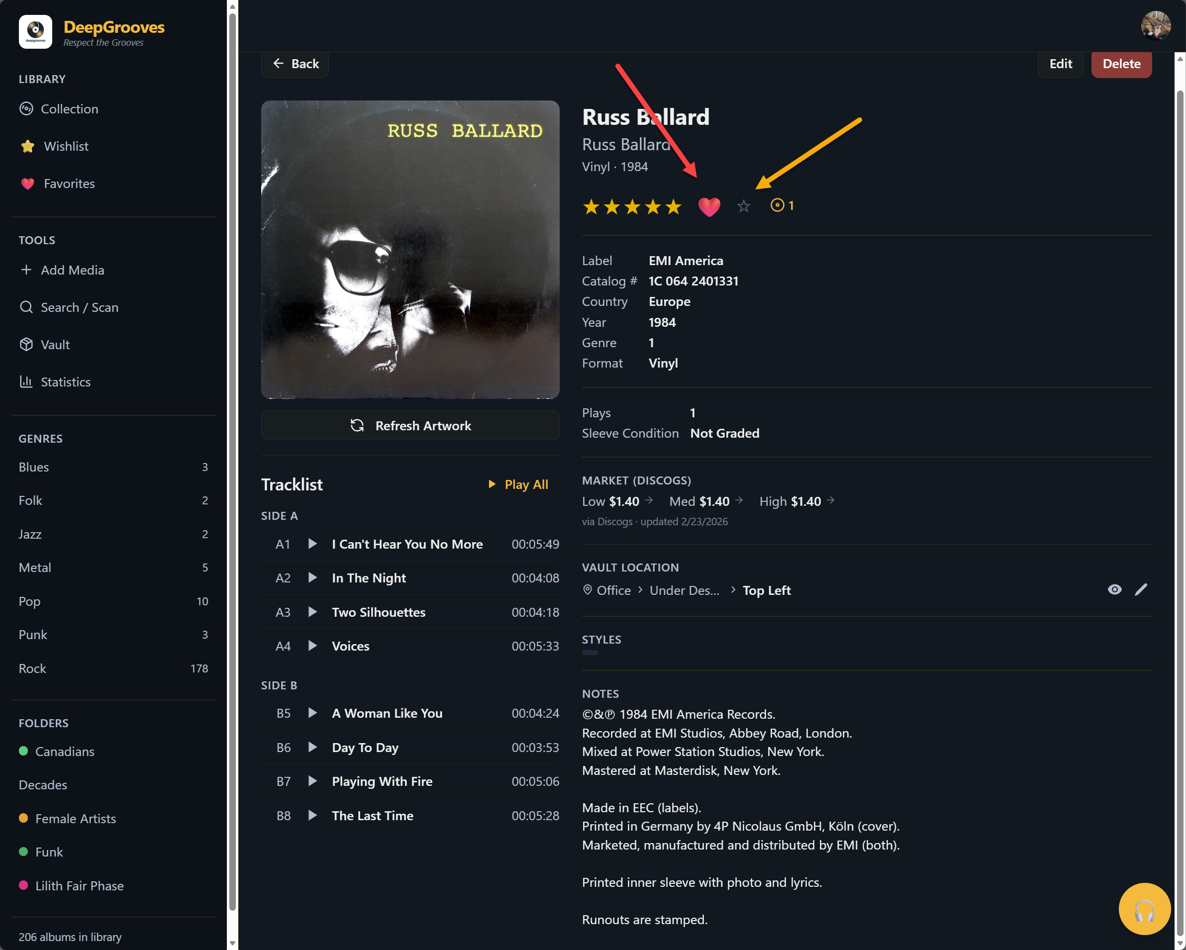 Favorite, wishlist, and upgrade-watch actions on an album detail view