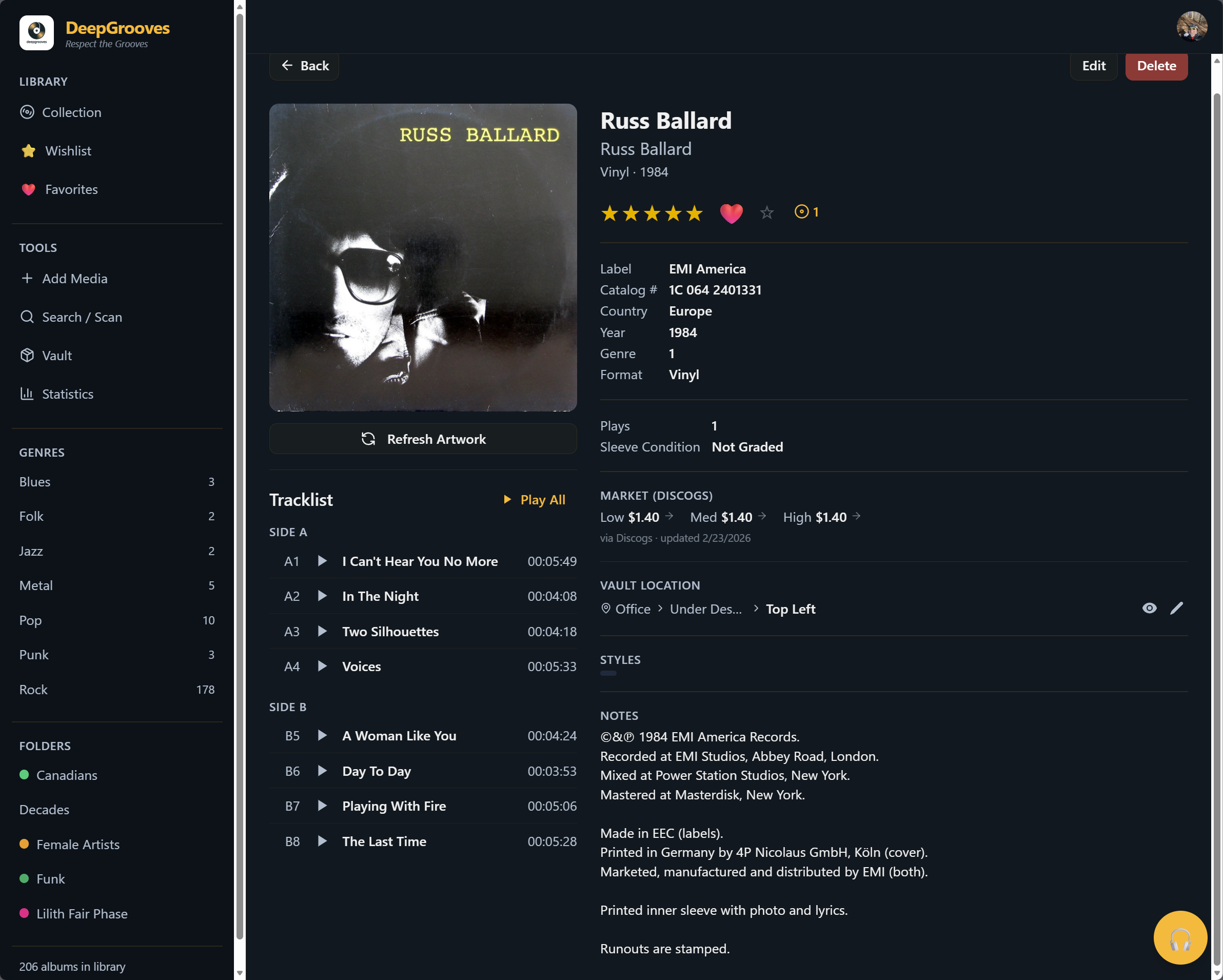 Album detail page showing cover art, metadata, and tracklist