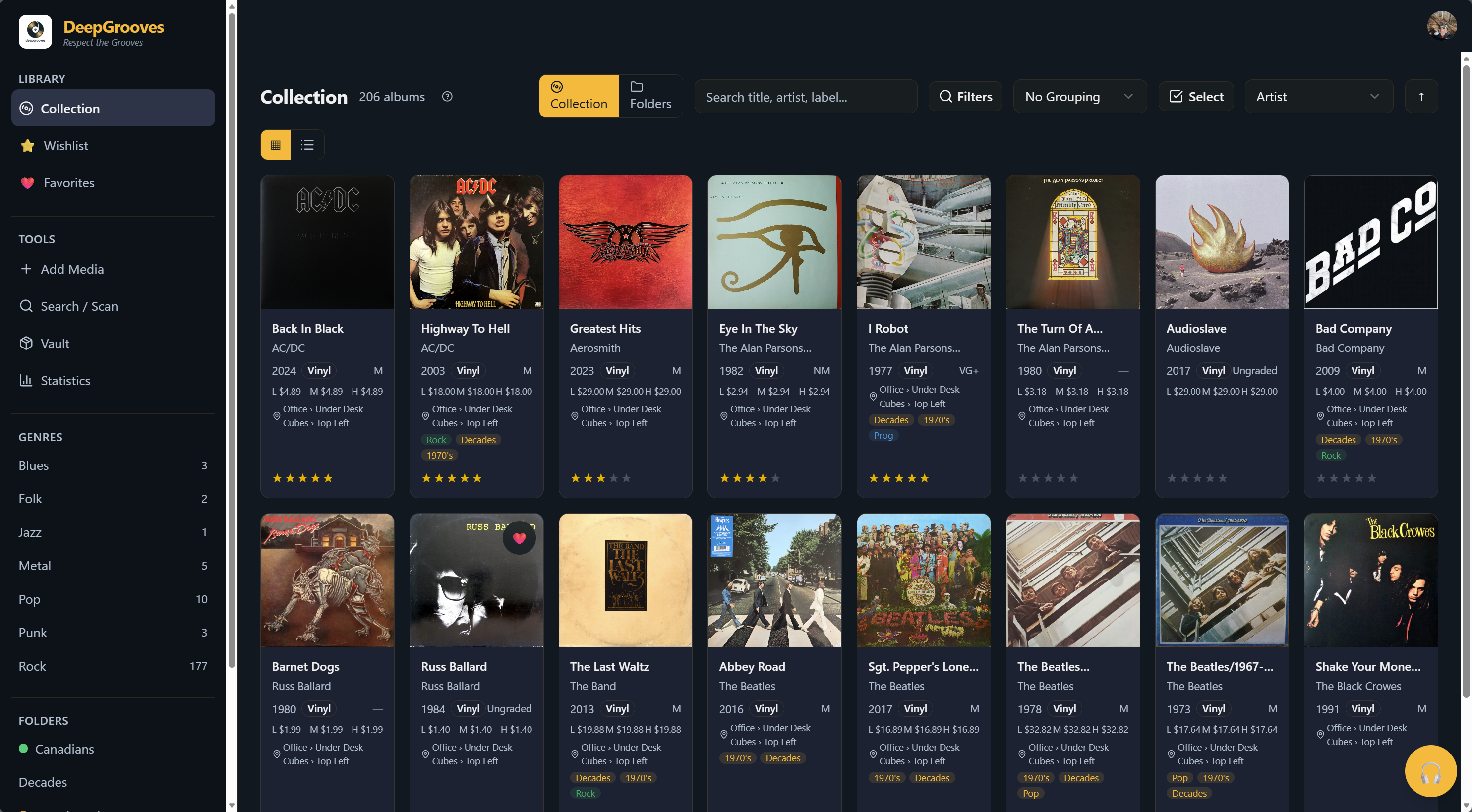 Collection grid view in web browser showing album covers