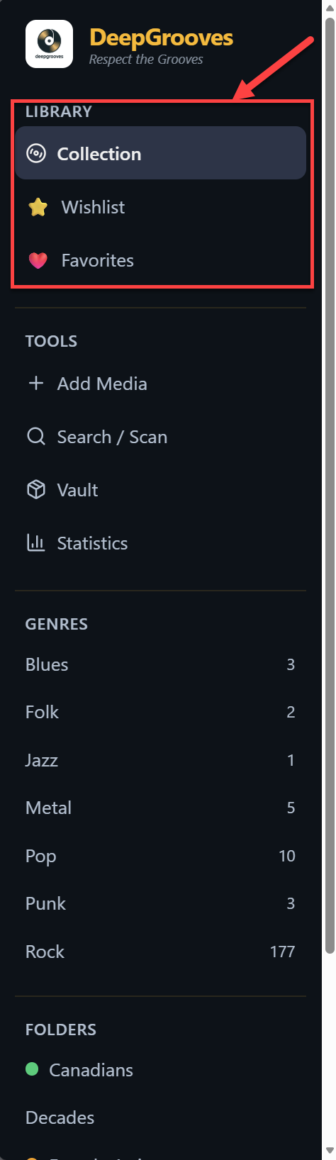 Sidebar showing Collection, Wishlist, and Favorites