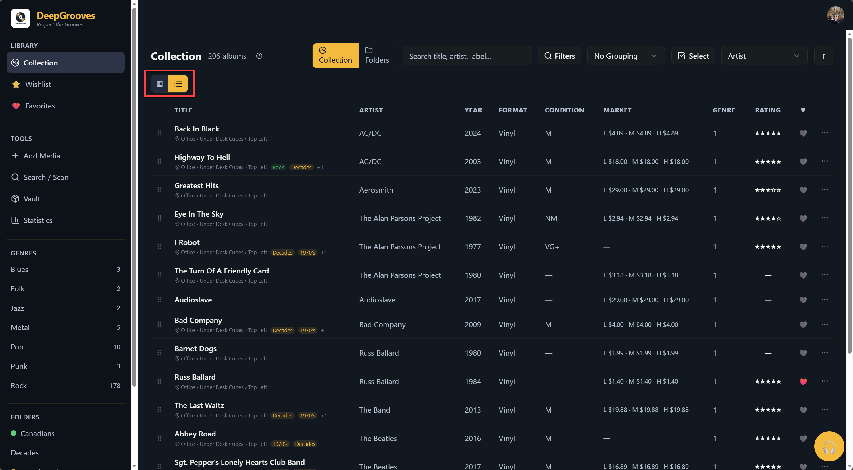 Grid and List view toggle buttons in toolbar
