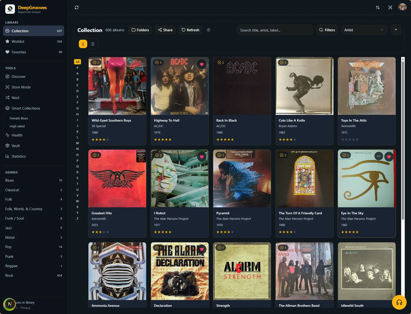DeepGrooves music collection with album artwork, ratings, favorites, and filters