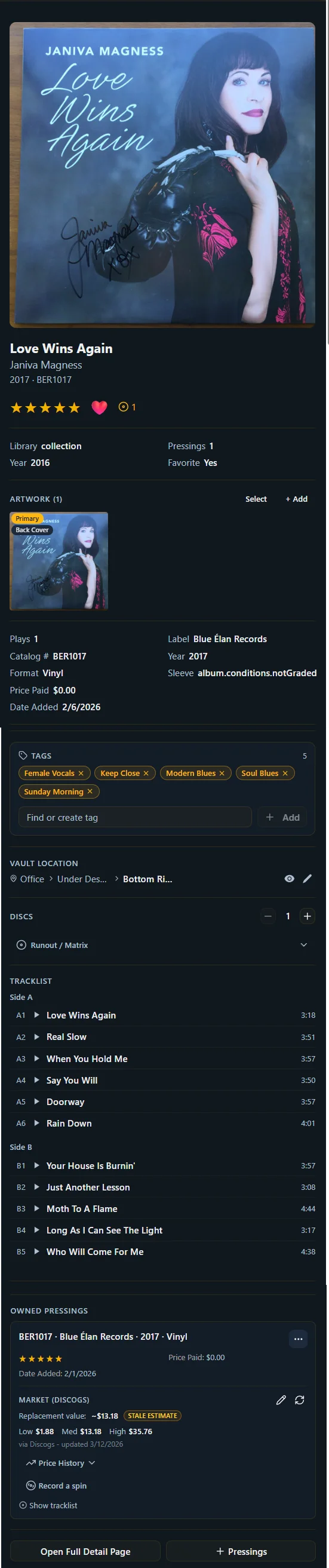Album details including pressing information, condition, and tracklist
