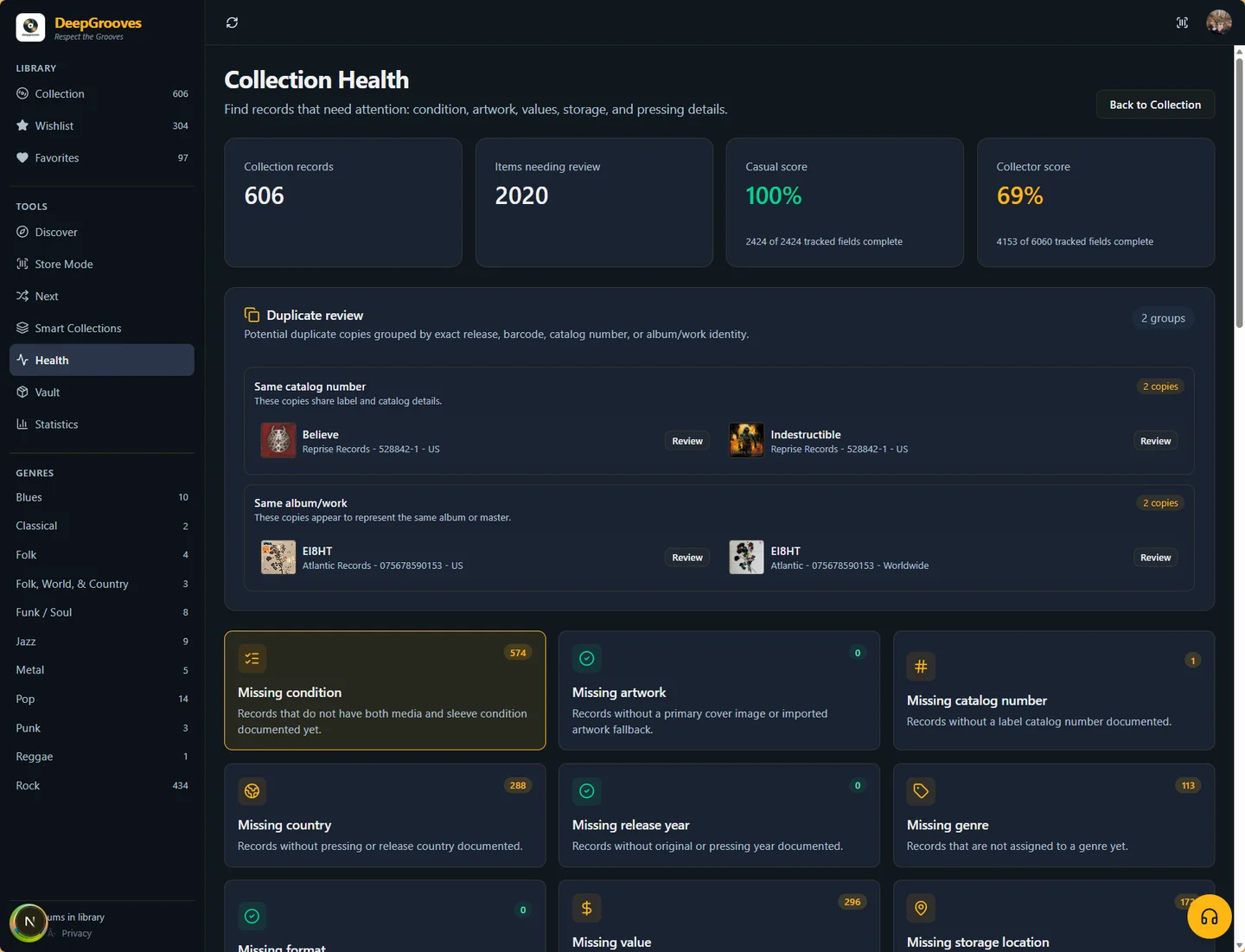 Collection Health highlights information to review in a music collection